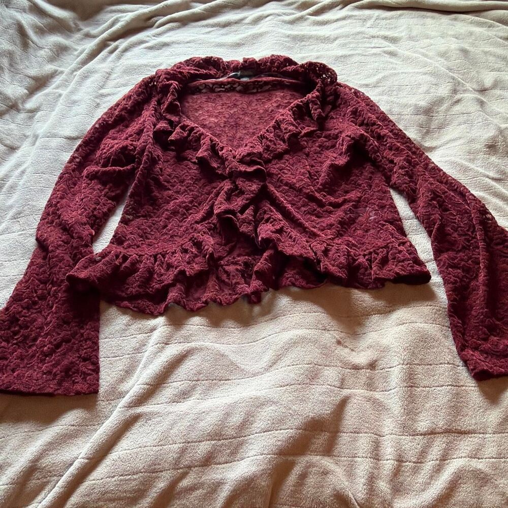 Wild Fable Burgundy Ruffle Pointelle Long Sleeve Cardigan  Size M